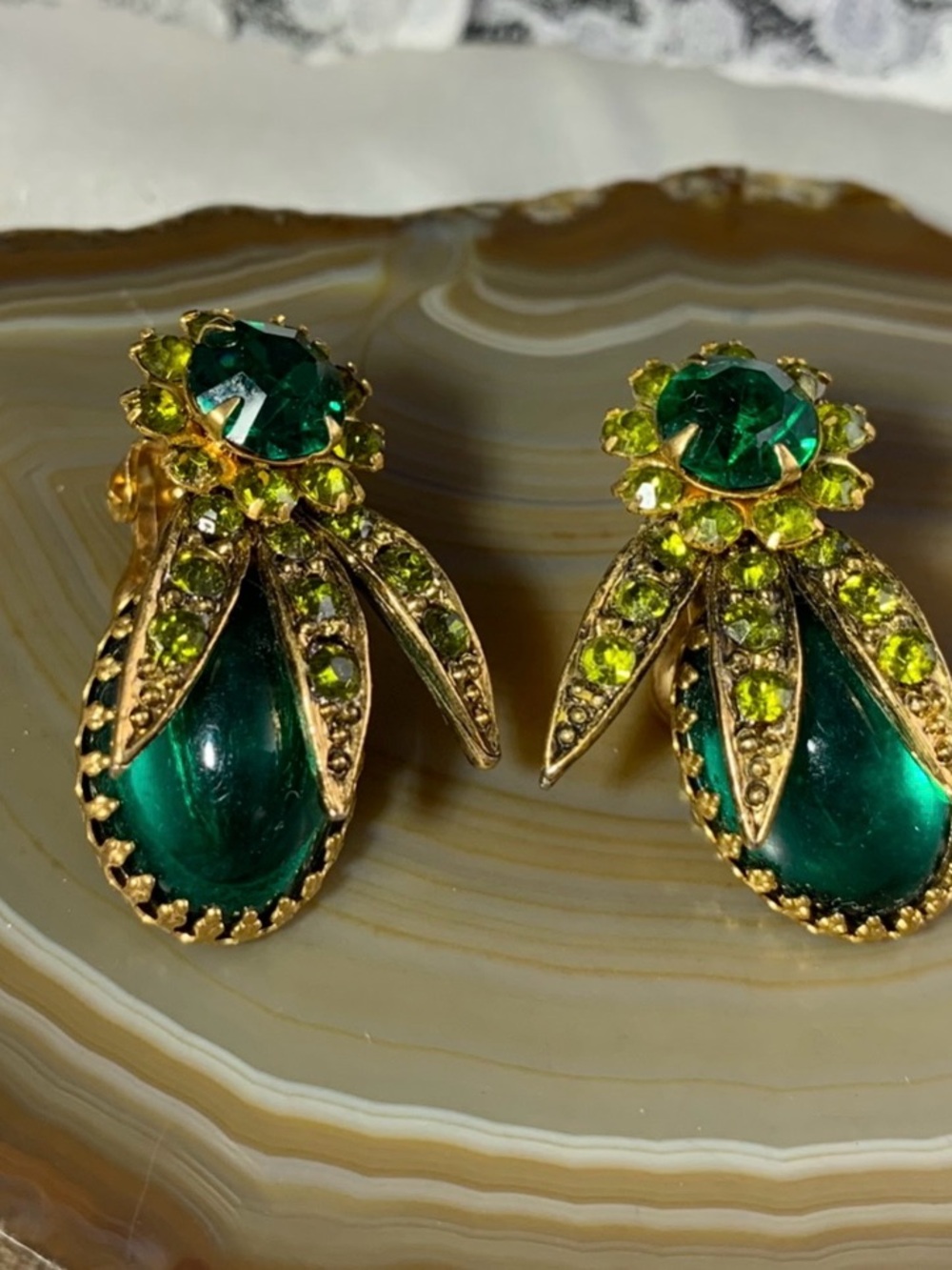 Gold-Tone Emerald Green Teardrop Crystal Clip on earrings